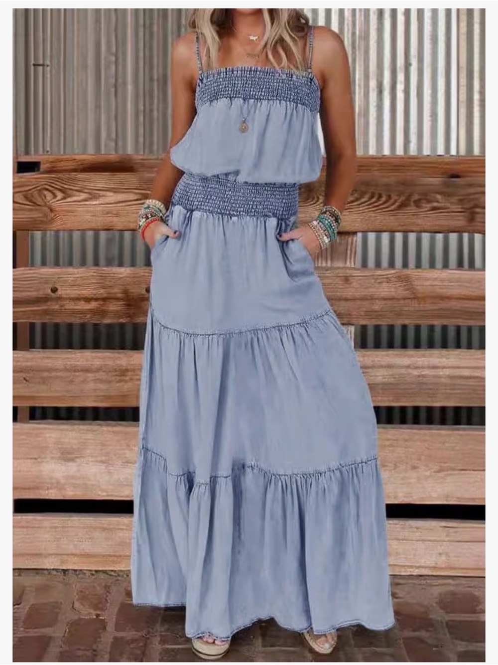 Smocked Bodice Tiered Maxi Dress - Light Blue